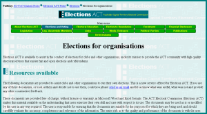 Screen shot of the ACT Electoral Commission's other elections page - as it used to look.