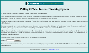 Screen shot of the ACT Electoral Commission's Polling Official Internet Training System home page.